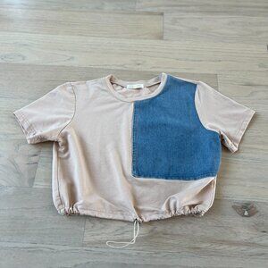 Beige Denim Crop Top with Pocket | Color Block Style | Size S